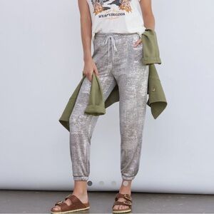 Anthropologie Sloane shimmer silver metallic pocketed drawstring joggers pants